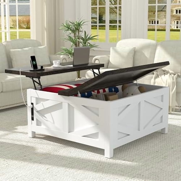 36" Farmhouse Lift Top Coffee Table with Storage, Square Coffee Table with Charging Station, Living Room Center Table with Large Hidden Space, White$$Furniture