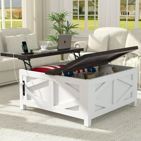 36" Farmhouse Lift Top Coffee Table with Storage, Square Coffee Table with Charging Station, Living Room Center Table with Large Hidden Space, White