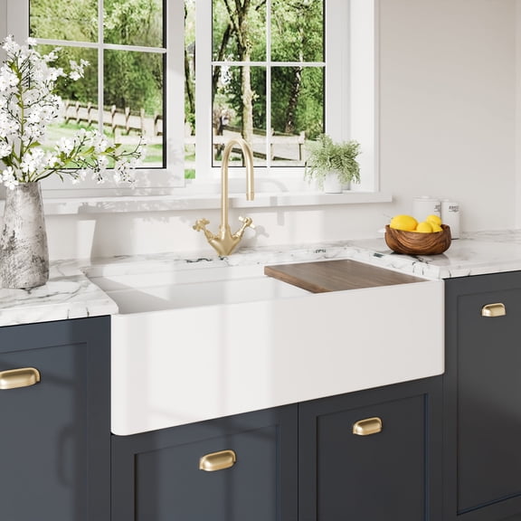 Nuie Kitchen Sink 36 inch Single Bowl Apron Front Farmhouse Sink with Ledge, Grid and Cutting Board, Ceramic Plain Ledge Design - 36x19x10" (White)