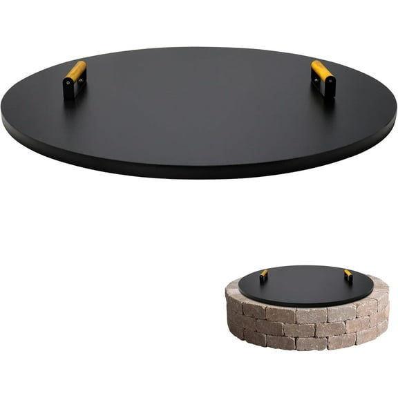 36" Firepit Lid - 2mm Thick Rust Resistant Powder Coated Carbon Steel Fire Pit Cover Round with 2 Ergonomic Wooden Handles - Compatible for Fire Pit Inside Dia Up to 34"