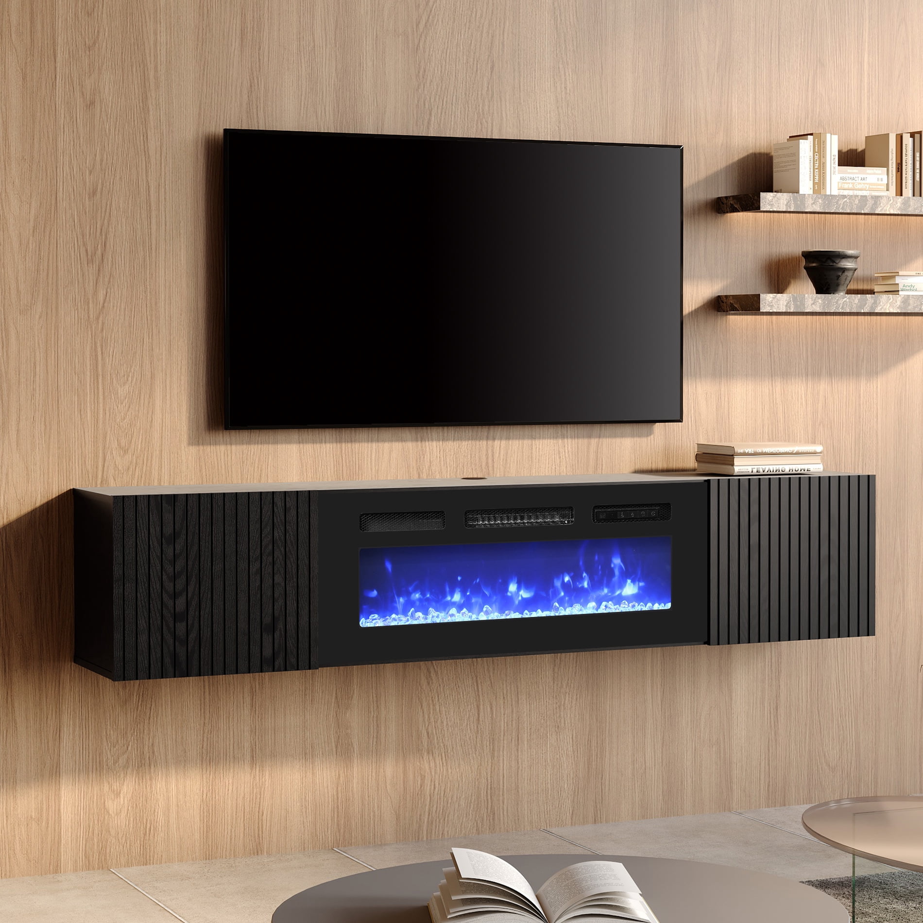 36"Fireplace Floating TV Stand with 2 Fluted Flip-Down Doors for TVs up to 80inch