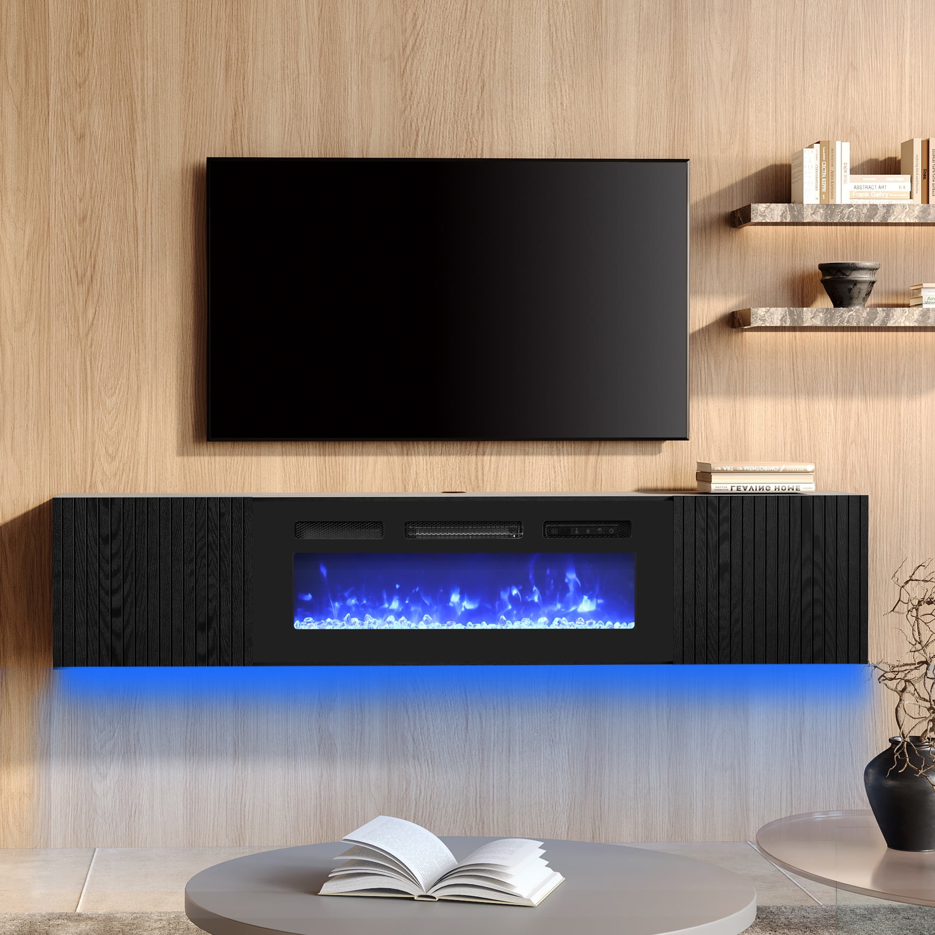36"Fireplace Floating TV Stand with Fluted Doors and Blue Light for TVs up to 80inch