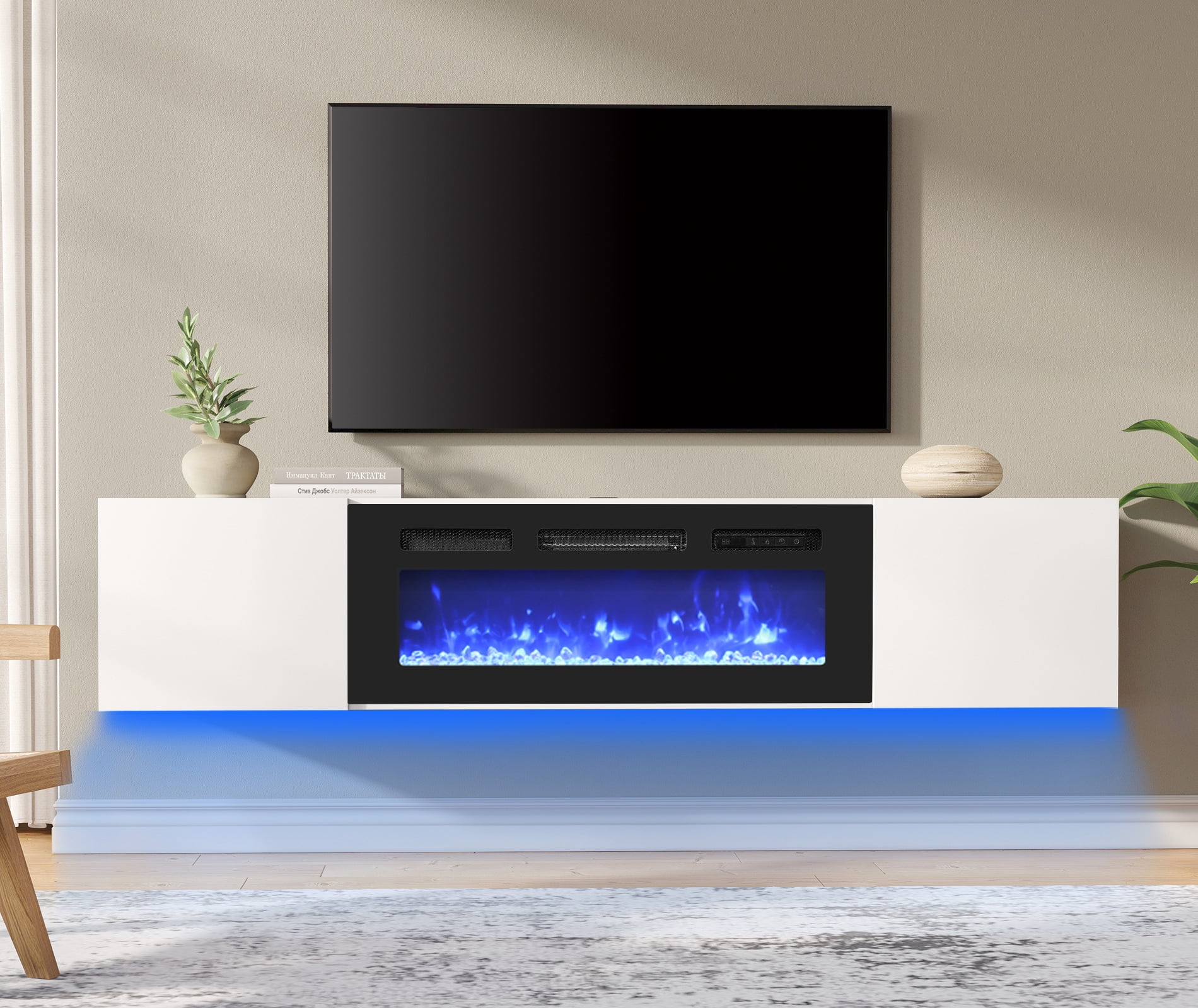 36"Fireplace Floating TV Stand with Side Storage and Blue Light for TVs up to 80inch