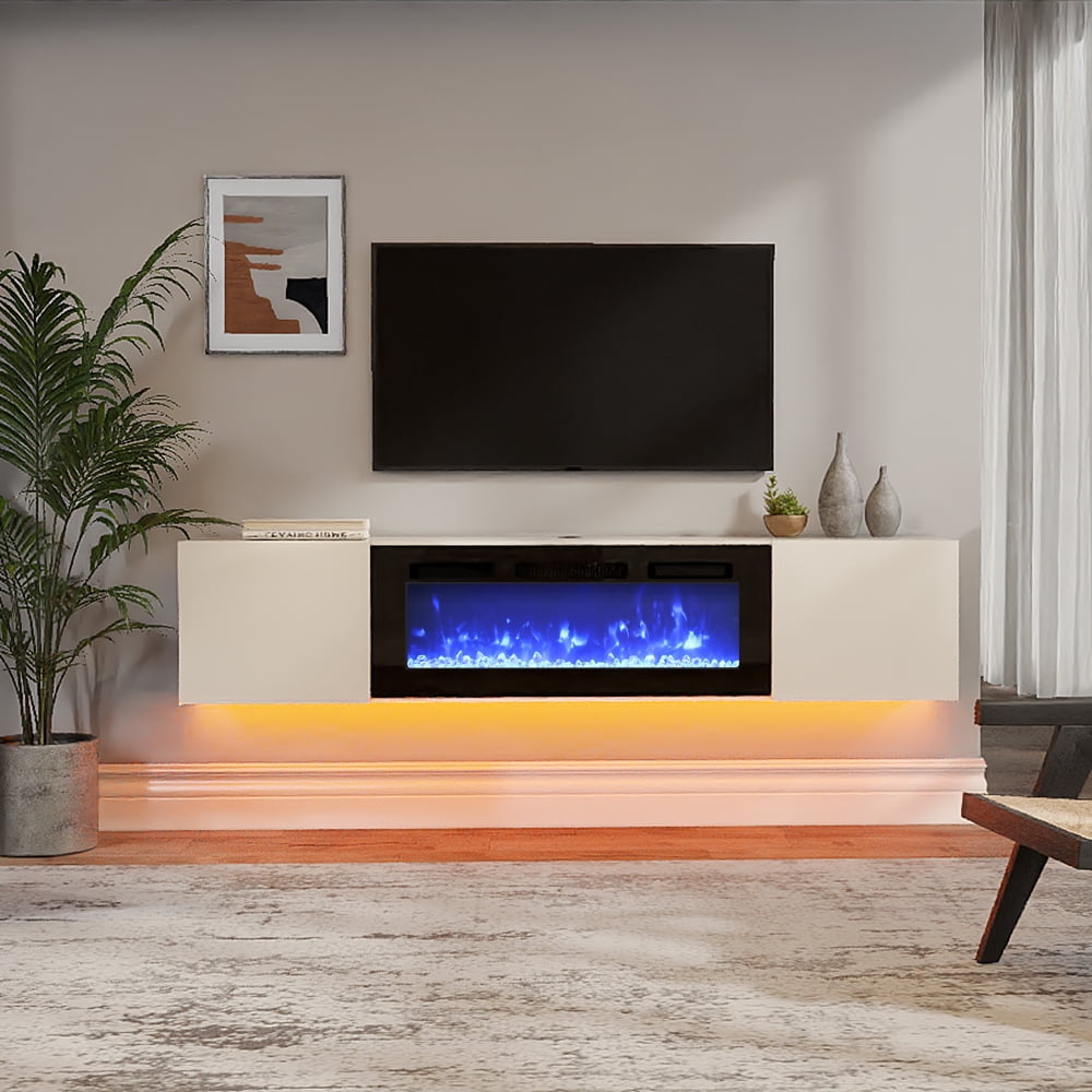 36"Fireplace Floating TV Stand with Side Storage and Yellow Light for TVs up to 80inch