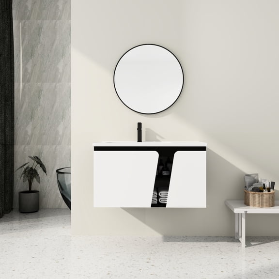 36'' Floating Bathroom Dressing Table | Soft-Close Hinges for Quiet Operation | Three-Layer Glazed Ceramic Sink | Scratch-Resistant Plywood Cabinet