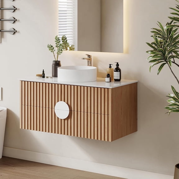 36" Floating Bathroom Vanity with Sink, Modern Wall Mounted Vanity Bathroom Storage Cabinet with Fluted Drawers, White Sintered Stone Top Ceramic Basin, Light Wood
