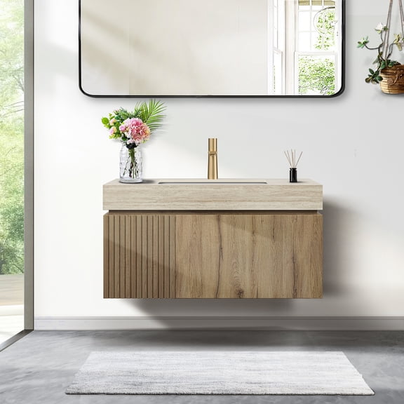 36" Floating Bathroom Vanity with Sink, Solid Wood & 16mm Plywood Composite Cabinet with Drawer & Door Bathroom Vanity, Ceramic Basin & Sintered Stone Top - White Oak White Oak Wood Grain Vanity