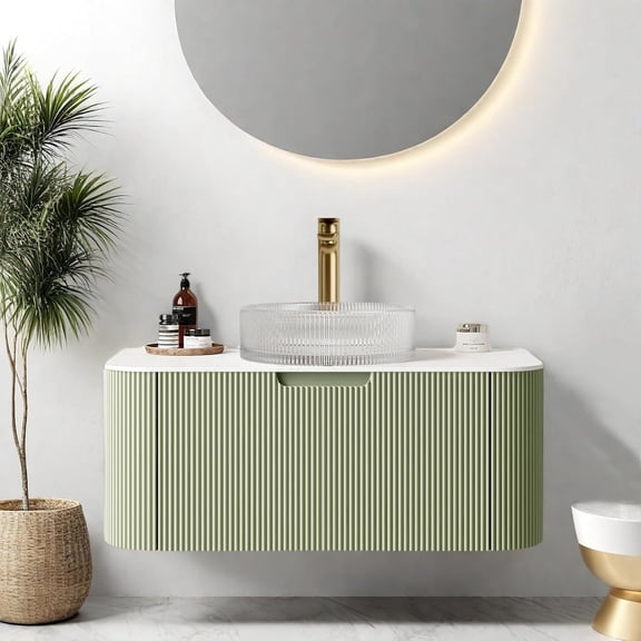 36" Floating Bathroom Vanity with Sink, Wall Mounted Bathroom Cabinet with Ultra-Thin Round Crystal Glass Basin and Marble Top, Large Storage Drawer, No Assembly Required, Light Green