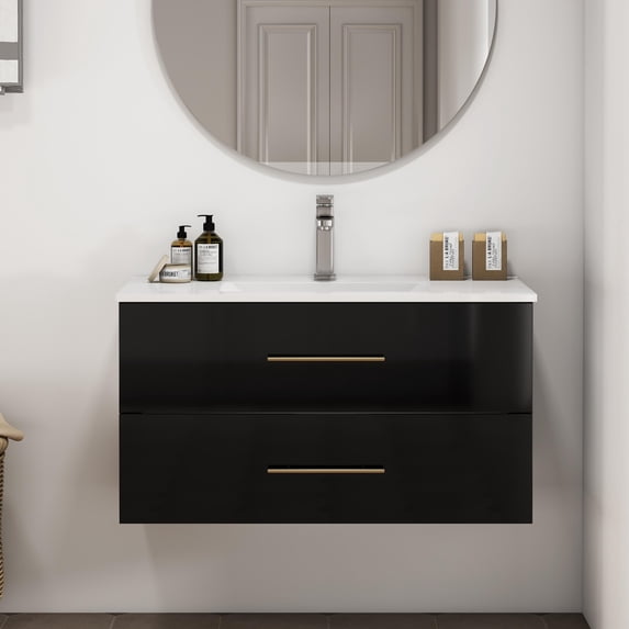 36" Floating Bathroom Vanity with Sink, Wall Mounted Bathroom Storage Cabinet with 2 Soft-Close Storage Drawers and Long Metal Handle, Easy Installation, Black