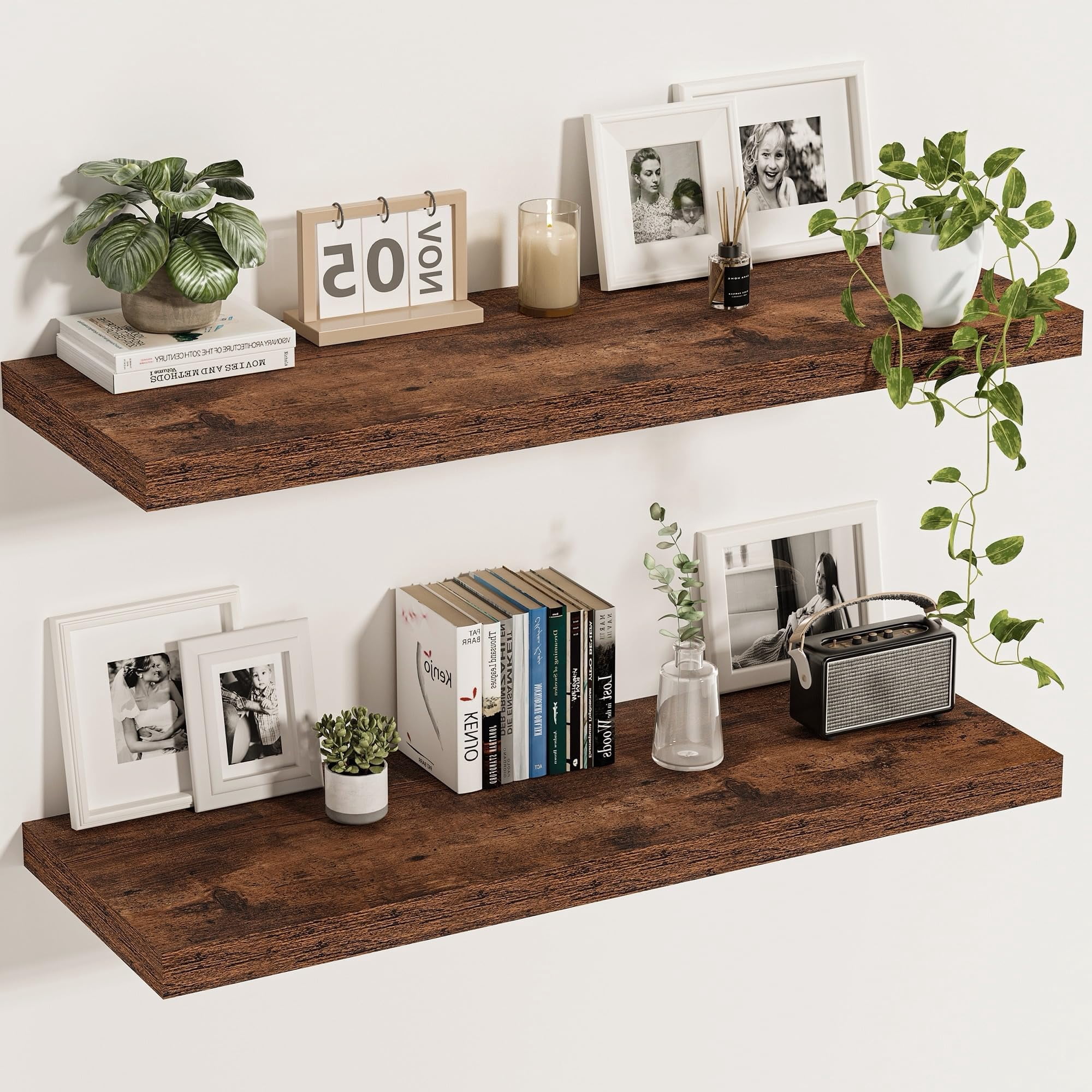 36" Floating Shelves For Wall  12 Inch Deep Display With Invisible Brackets Long Shelf Living Room Bedroom Farmhouse Rustic Home Decor Set Of 2 Brown