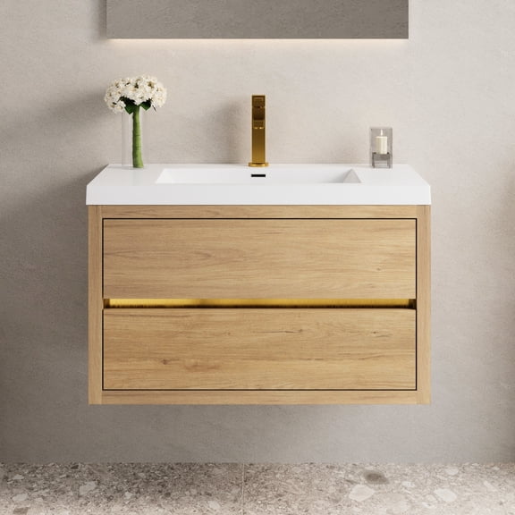 36" Floating, Stone Resin Countertop - Ample U-Shaped Storage - Bathroom Vanity Use - Keeps Cosmetics Neatly