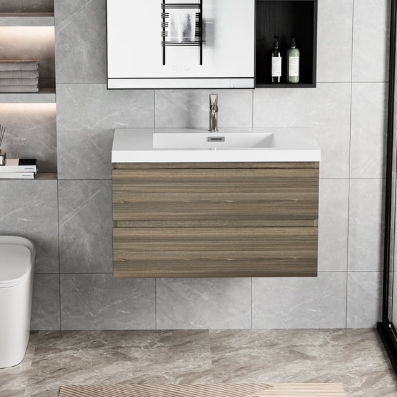 36" Floating Wall-Mounted Vanity in Ash Grey with Resin Basin / Durable Timber Construction for Stability