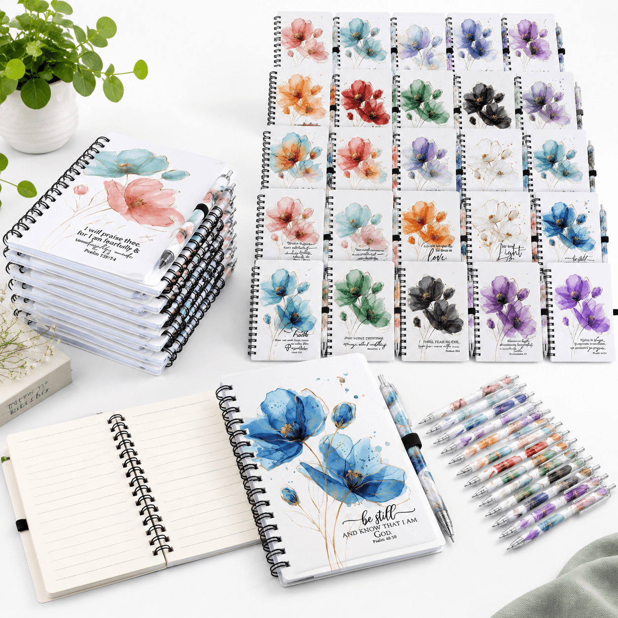 36 Floral Style Inspirational Spiral Notebooks with Pens, Bulk Writing ...