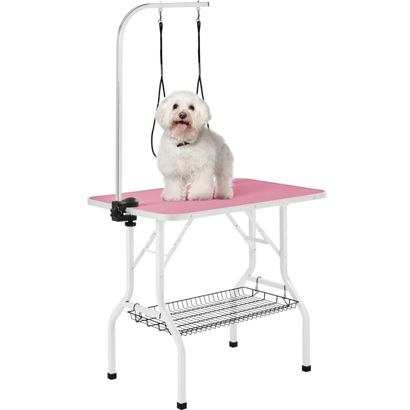 36" Foldable Dog Grooming Table, Heavy Duty Pet Grooming Station with Adjustable Arm and Double Loops, Mesh Tool Tray for Home Salon Use, Maximum 220Lbs Capacity, Pink