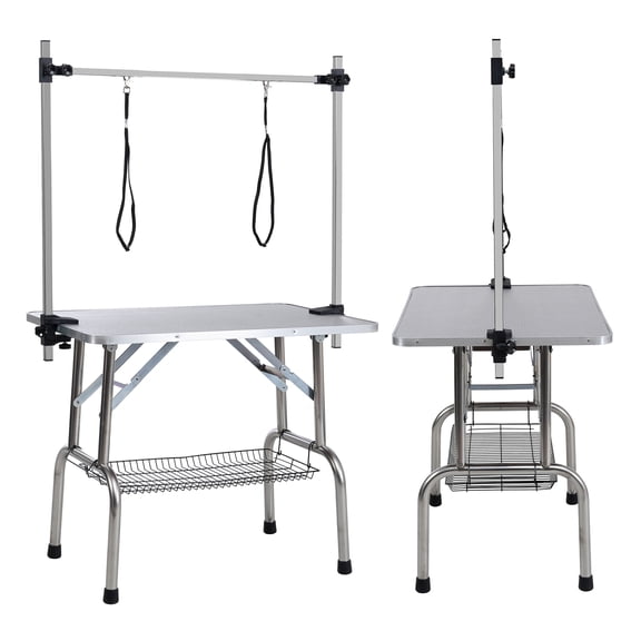 36" Foldable Dog Grooming Table for Home, Stainless Steel Pet Station with Adjustable Arm & Noose, Anti-Slip Rubber Mat, Storage Basket for Cats & Small Dogs