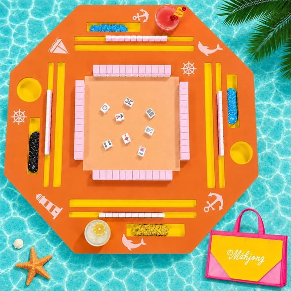 36" Foldable Floating Mahjong Table for Pool, Poker & Dominoes | Carry Bag, Chip Slots, Double Tile Grooves, Spacious Play Area, Orange