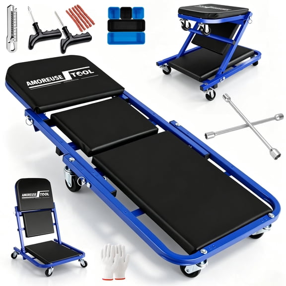 36" Folding Creeper with Tire Repair Kit, 14" Cross Wrench & 5 Storage Boxes – Heavy Duty Mechanic Creeper, 330 LBS Capacity Garage Chair with 6 Swivel Casters