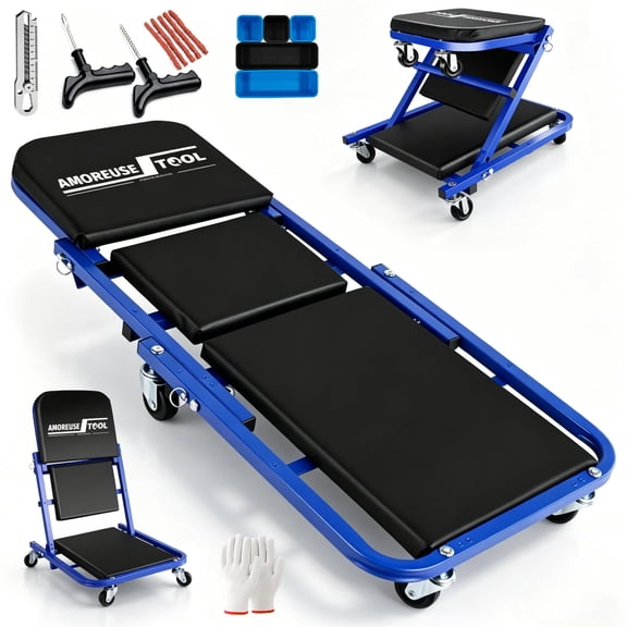 36" Folding Creeper with Tire Repair Kit & 5 Storage Boxes – Mechanic Creeper Seat, 330 LBS Capacity Rolling Garage Chair with 6 Swivel Casters