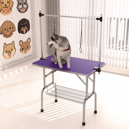 36" Folding Dog Pet Grooming Table Stainless Steel Frame Rubber Mat on Board with Adjustable Arm and Clamps pet dog Cat Grooming Table (PURPLE COLOR)