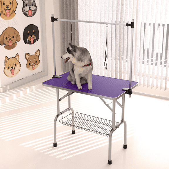 36" Folding Dog Pet Grooming Table Stainless Steel Frame Rubber Mat on Board with Adjustable Arm and Clamps pet dog Cat Grooming Table (PURPLE COLOR)