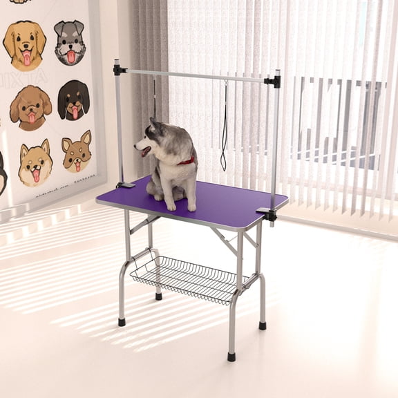36" Folding Dog Pet Grooming Table Stainless Steel Frame Rubber Mat on Board with Adjustable Arm and Clamps pet dog Cat Grooming Table, Purple