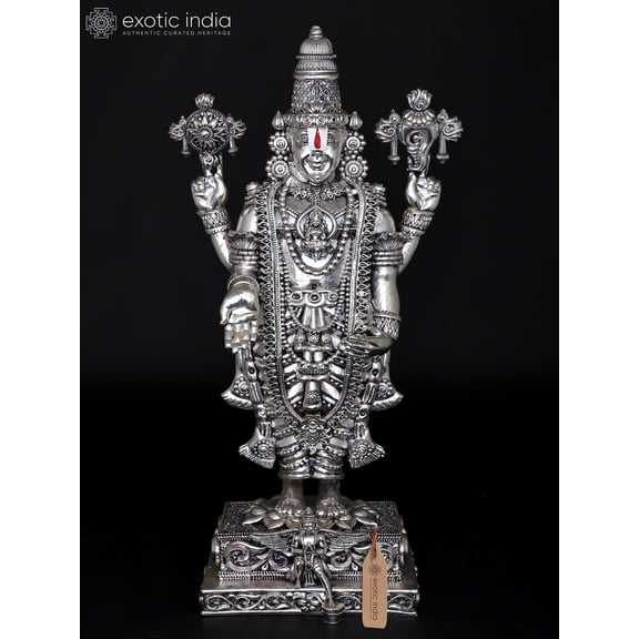 36" Four Armed Lord Tirupati Balaji in Standing Posture with Garuda Dev | Wood with Silver Cladding Statue