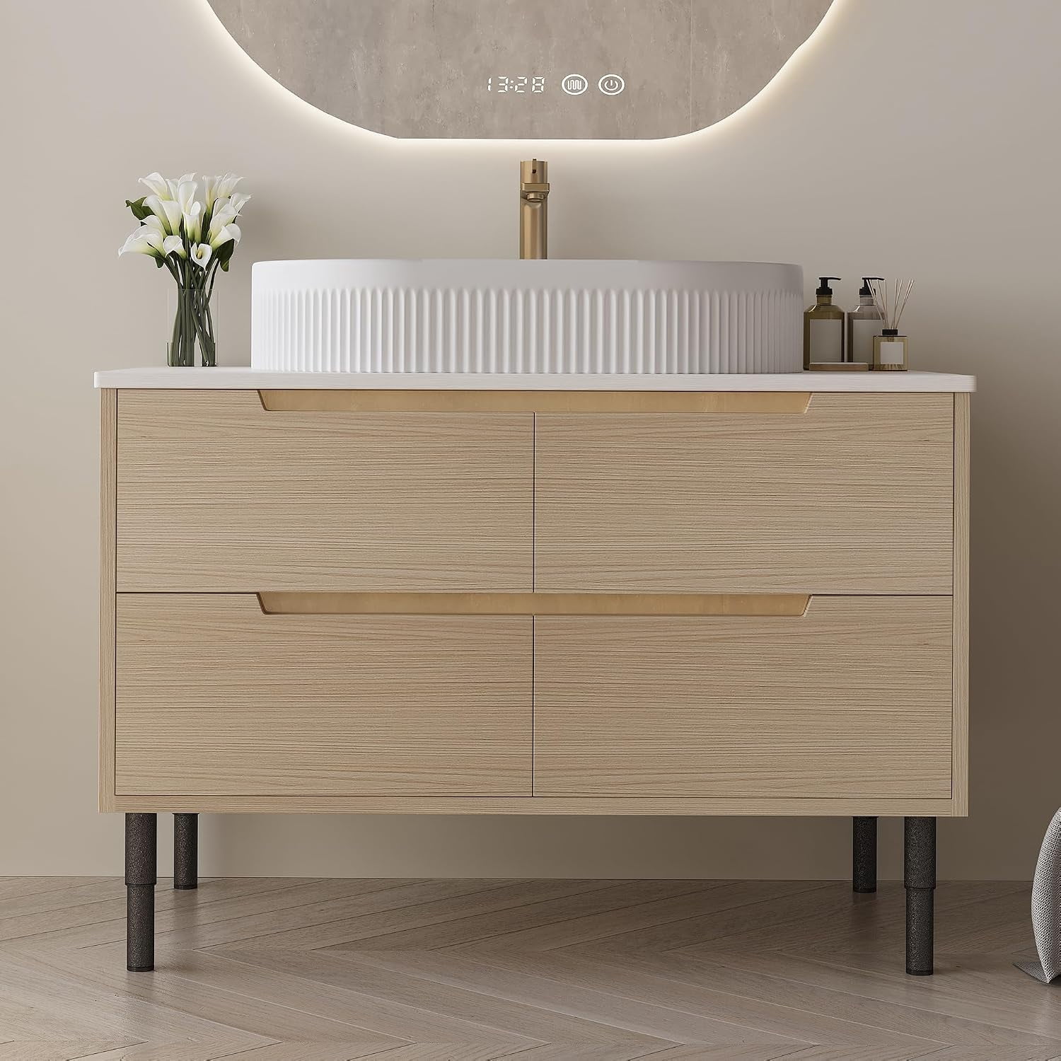 36" Freestanding Bathroom Vanity with Sink and Countertop, Modern Bathroom Vanity Cabinet with Oval Ceramic Vessel Sink, 4 Soft Closing Drawers, Adjustable Metal Legs, White+Wood