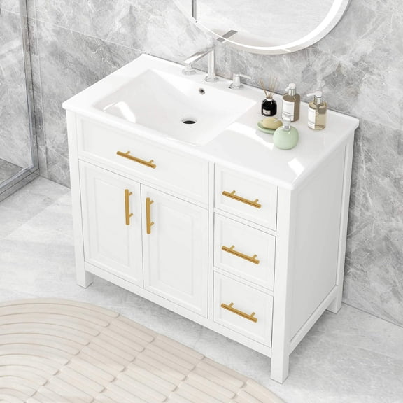 36" Freestanding Bathroom Vanity, White Solid Wood & MDF Cabinet with Ceramic Sink Top, 2 Doors and 3 Drawers Storage