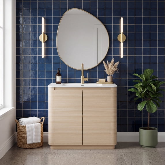 MORVANO 36" Freestanding Bathroom Vanity with Ceramic Sink, Rounded Corners & Handle-Free Design