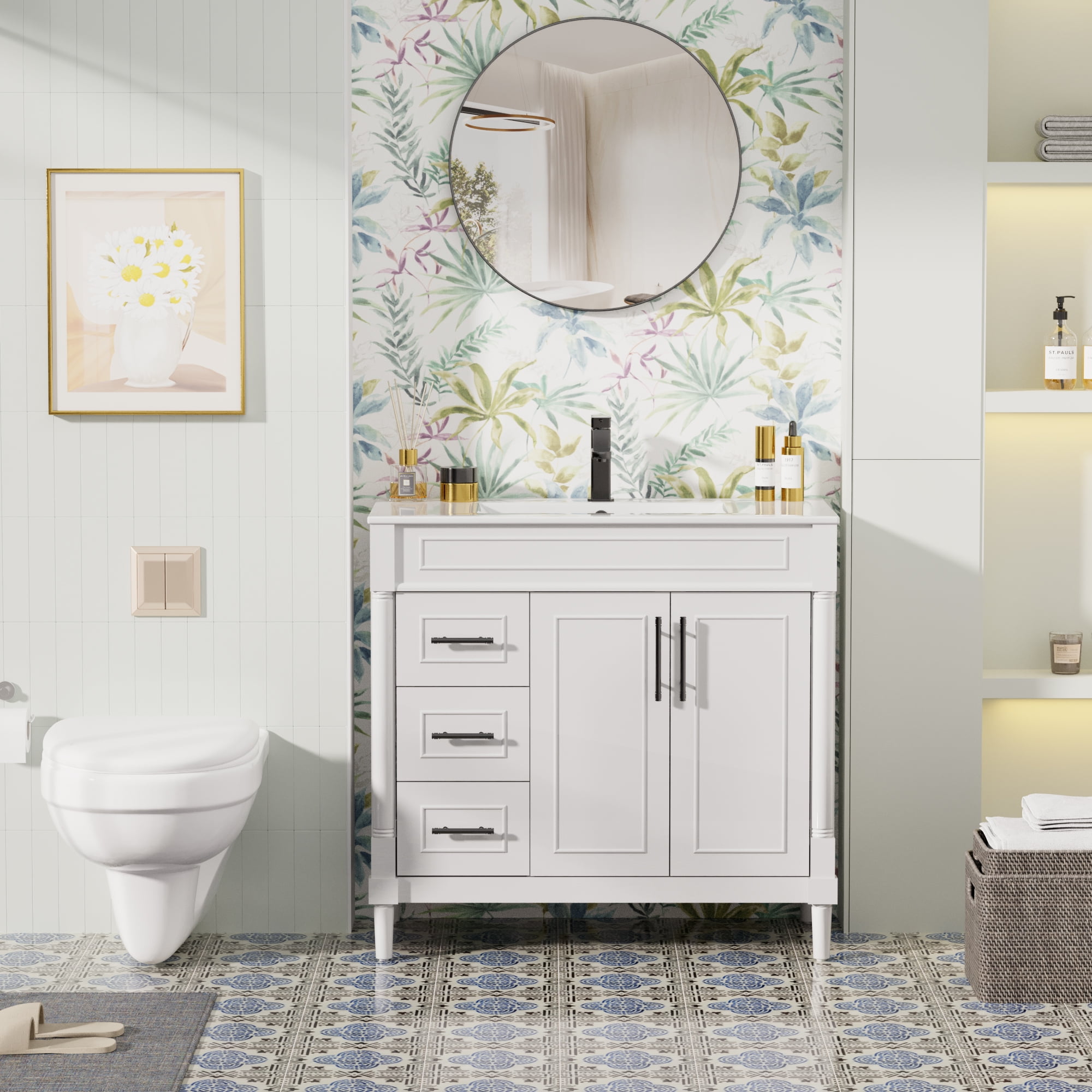 36" Freestanding White Bathroom Vanity with Ceramic Sink Top, Faucet, Classic Tapered legs