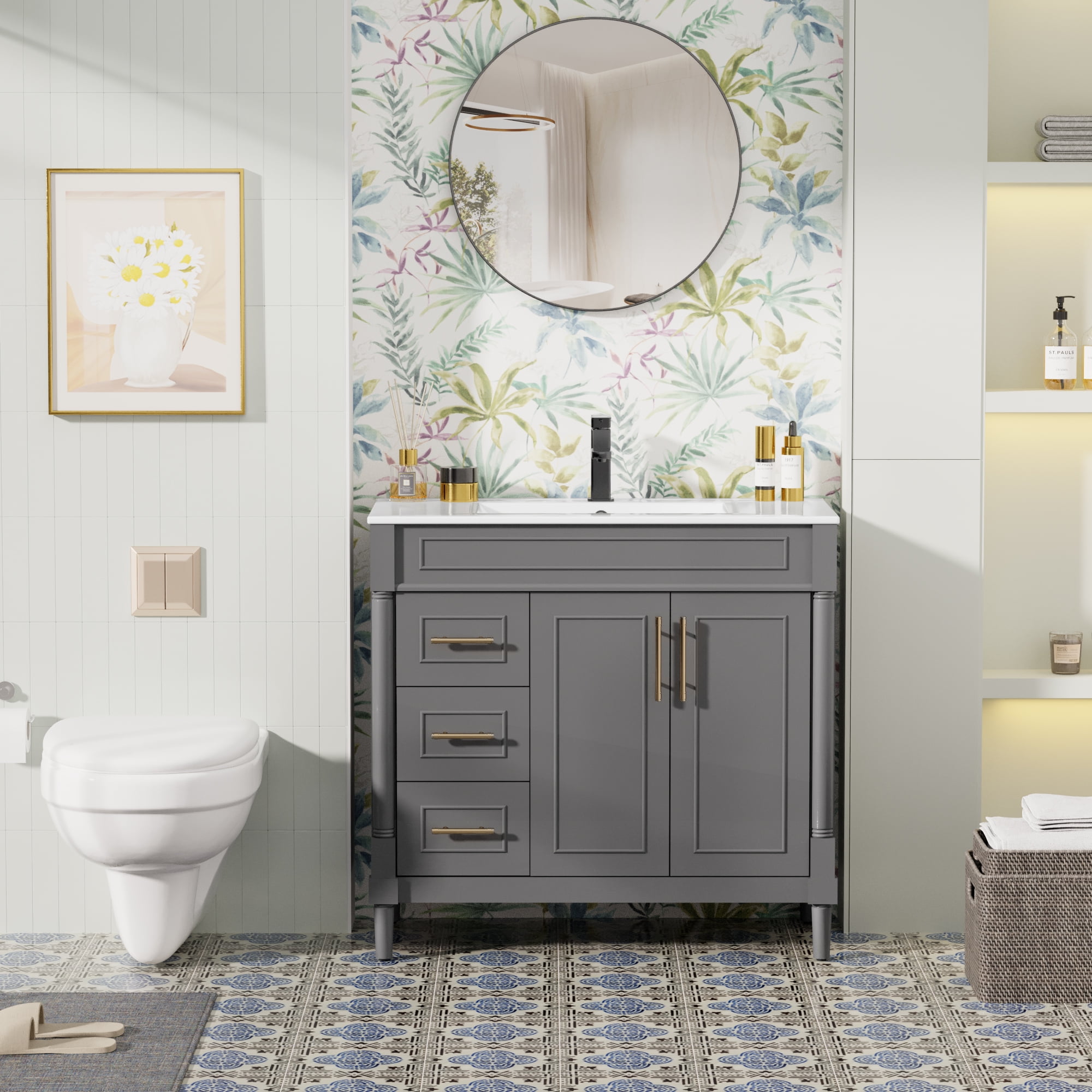 36" Freestanding Bathroom Vanity with Ceramic Sink Top, Faucet, Classic Tapered legs