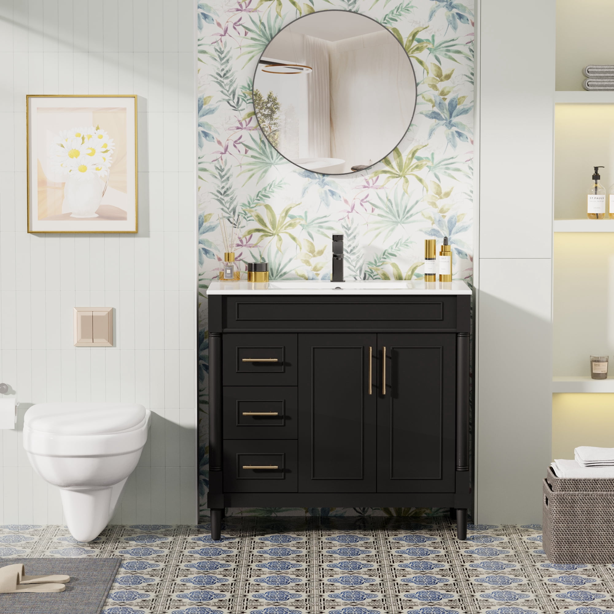 36" Freestanding Bathroom Vanity with Ceramic Sink Top, Zinc Alloy Faucet, Classic Tapered legs