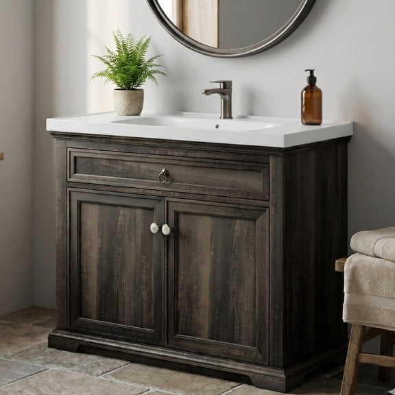 Yulika 36" Freestanding Farmhouse Bathroom Vanity Set with Integrated Ceramic Sink, Faucet & Drain Included, Rustic Wood Cabinet