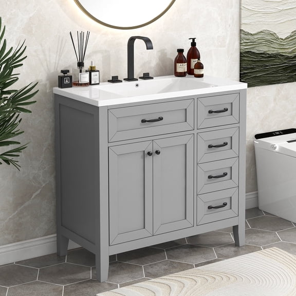 36" Freestanding Grey Bathroom Vanity with Ceramic Sink