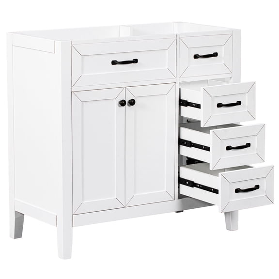36" Freestanding White Vanity Base Only, Solid Wood and MDF, Suitable for Drop-In Sink, Ample Storage