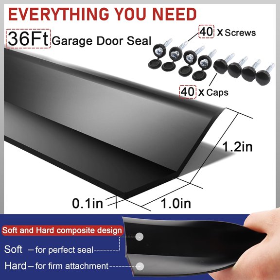 36 Ft Garage Door Weather Stripping Seal, Top and Side TPE Seal, Heavy Duty Weatherproof Design, Blocks Drafts and Dust, Includes Nails for Installation