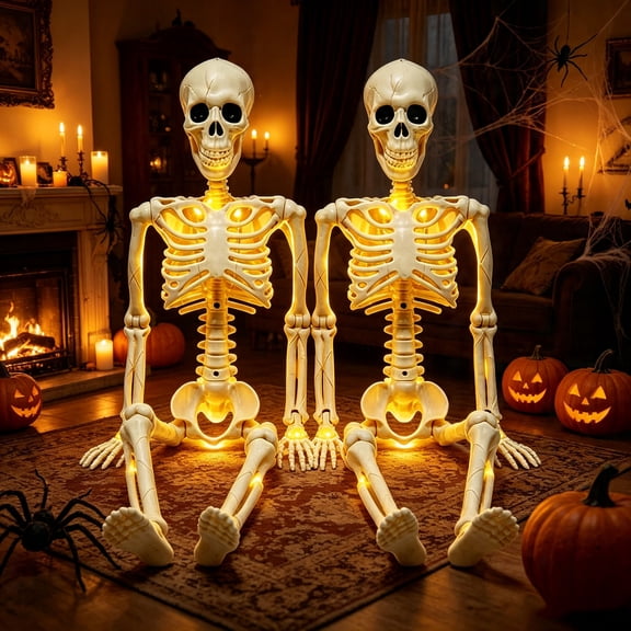 36" Full Body Skeleton Decoration,Halloween Posable Skeleton with Lights, 2Pack Gothic Skeletons Decor for Outdoor Indoor Yard Patio Haunted House,Light Up Spooky Party Decor
