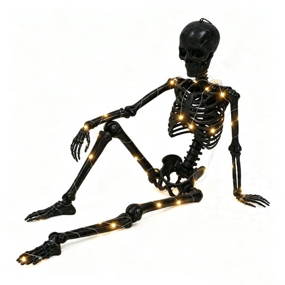 36" Full Body Skeleton Decoration,Halloween Posable Skeleton with Lights, Movable Joints Gothic Black Skeletons Decor for Outdoor Indoor Yard Patio Haunted House,Light Up Spooky Party Props