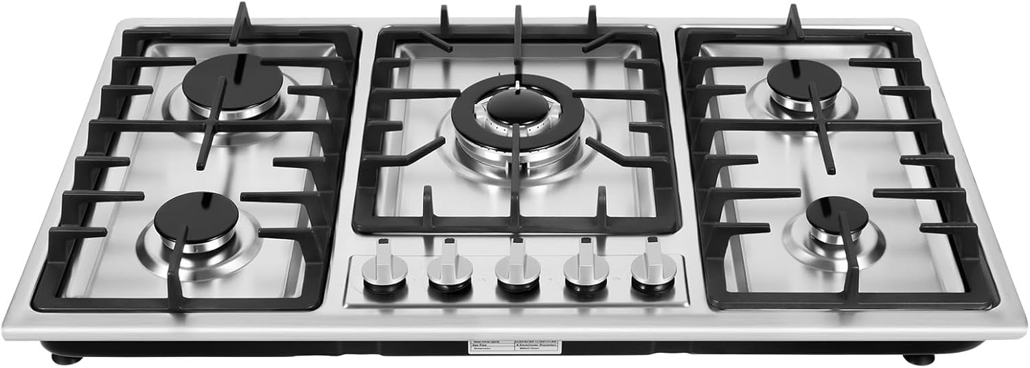 36" Gas Cooktop LPG/NG, 5 Burners Gas Stove Gas Hob Stovetop, Builtin