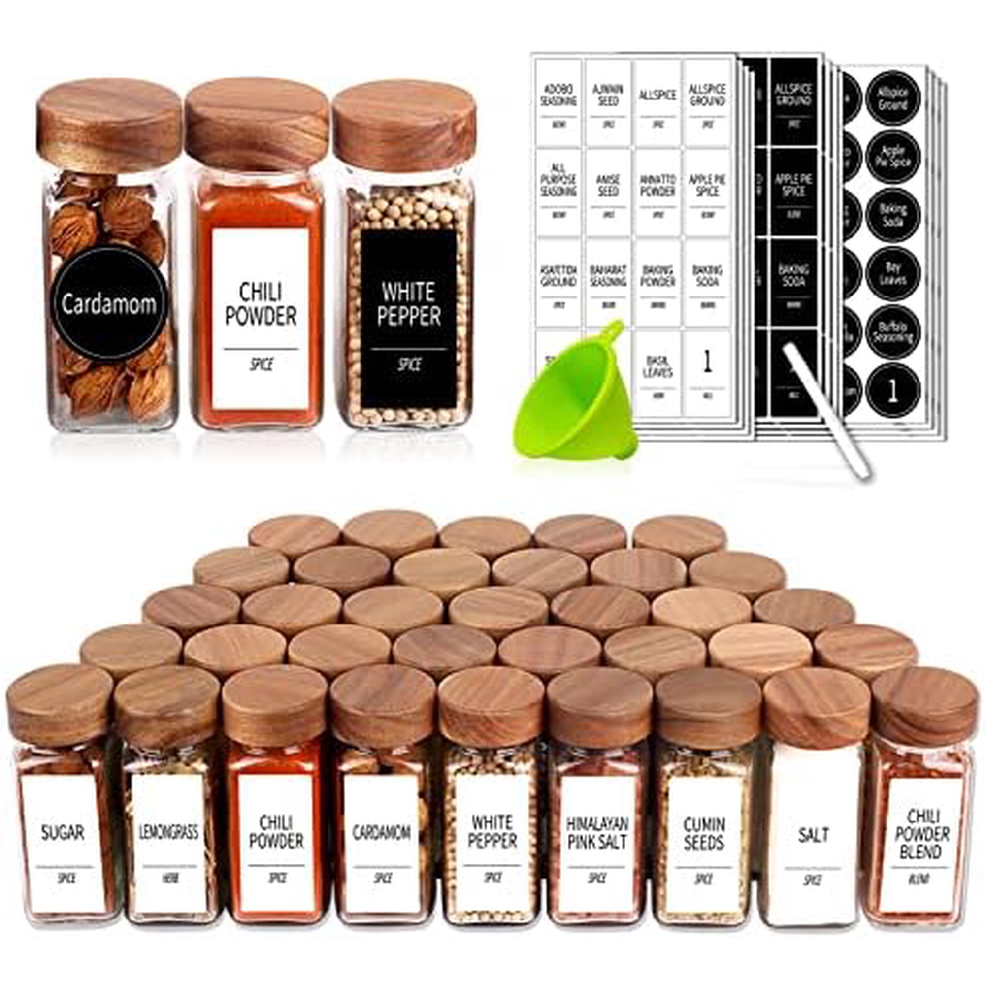 36 Glass Spice Jars with 547 Labels with Shaker Lids - 4 Oz Square Spice Containers with Acacia Wood Lids, Chalk Pen, Funnel Seasoning Jars for Spice Rack, Cabinet, or Drawer