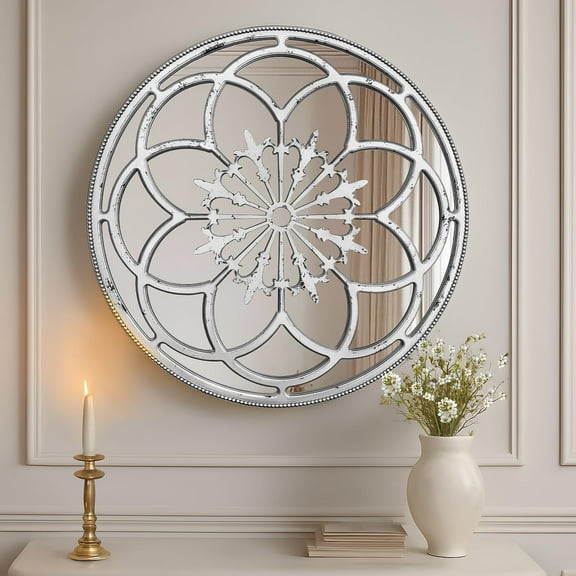 36" Gothic Rose Window Round Wall Mirror Antique Cathedral Decorative Mirror with Distressed Wood Frame Vintage Church-Inspired Wall Decor for Entryway, Living Room, Mantel