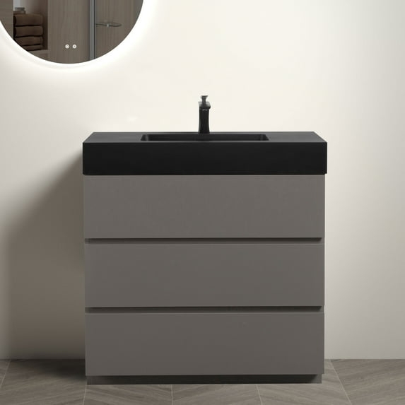 36" Gray Bathroom Vanity with Black Sink, One-Piece Black Sink Basin, Large Storage Freestanding Bathroom Vanity for Bathroom(without Drain and Faucet)