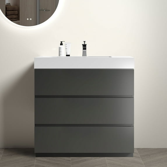 36" Gray Bathroom Vanity with Sink, Large Storage Freestanding Bathroom Vanity for Modern Bathroom, One-Piece White Sink Basin without Drain and Faucet