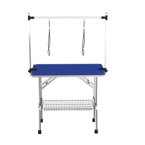 36" Grooming Table – Heavy Duty Stainless Steel Adjustable Grooming Table with Arm, Storage Basket, Non-Slip Surface for Dogs & Cats (Blue)