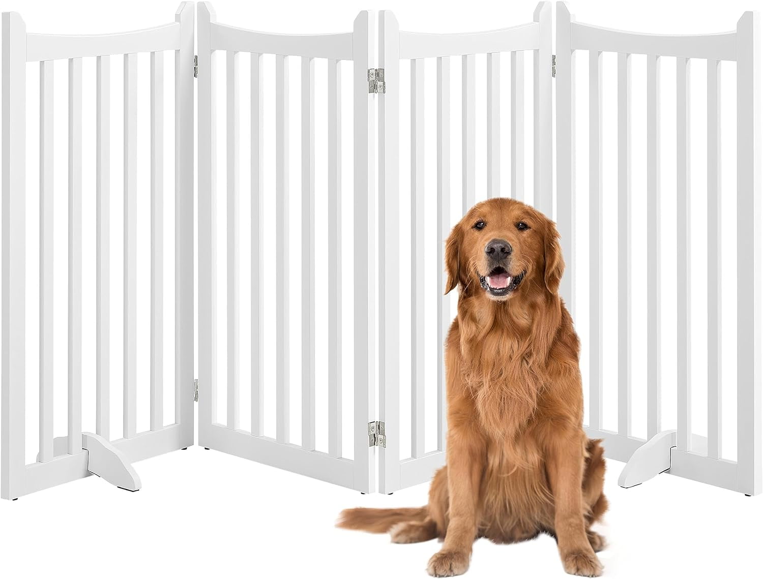 36" H Extra Tall Freestanding Pet Gate 4-Panel Wooden Dog Fence with 2 Support Feet Folding Dog Gate for Indoor, Stairs, Doorways, Halls, Kitchen Wooden Pet Barrier White, 79.5" L x 36" H