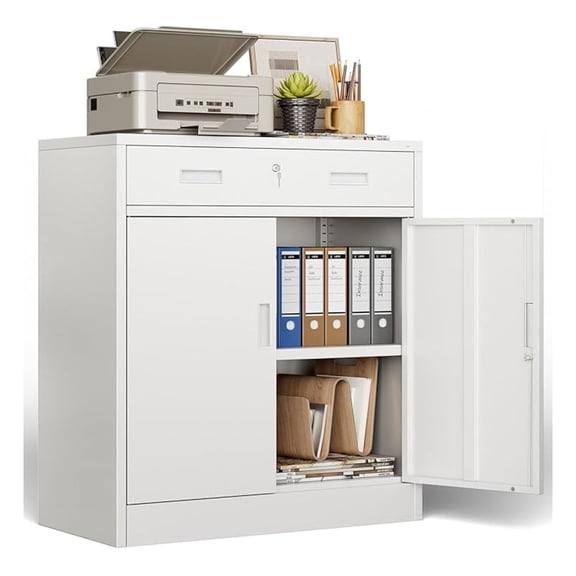 36" H Metal Cabinet with Lockable Drawer and 2 Lockable Doors, White Locking Cabinet with Adjustable Shelf, Lockable Storage Cabinet for Home Office, Garage,School, Warehouse, Utility Room