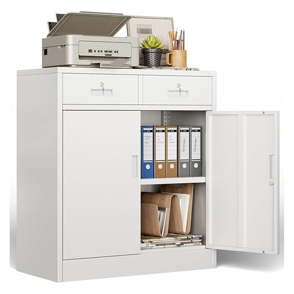 36" H Metal Storage Cabinet with 2 Lockable Drawers and 2 Lockable Doors, White Locking Cabinet with Adjustable Shelf, Metal Cabinet for Home Office, Garage,School, Warehouse, Utility Room