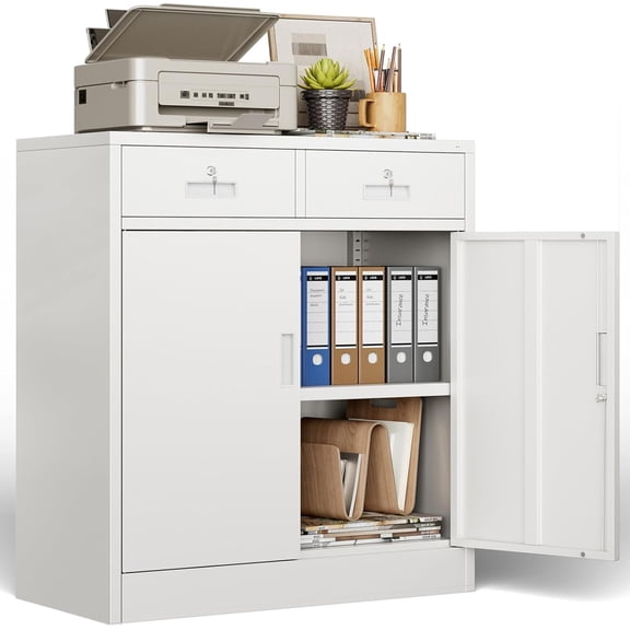36" H Metal Storage Cabinet with 2 Lockable Drawers and 2 Lockable Doors, White Locking Cabinet with Adjustable Shelf, Metal Cabinet for Home Office, Garage,School, Warehouse, Utility Room