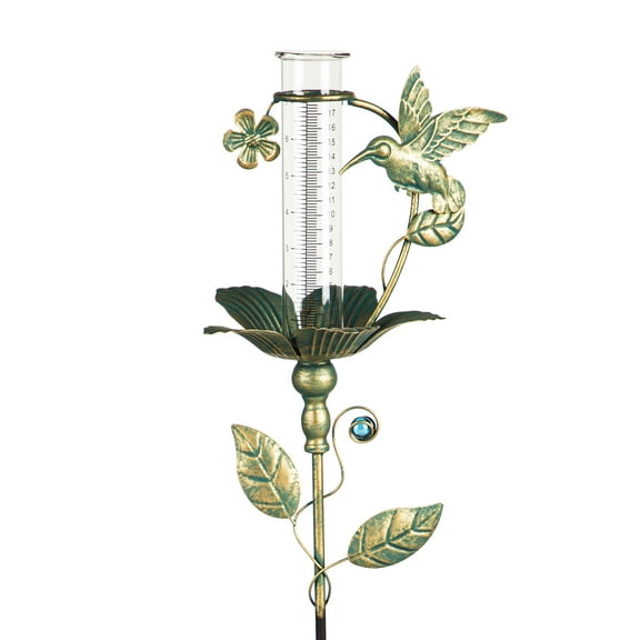 36"H Rain Gauge Garden Stake, Verdigris Butterfly and Hummingbird, 2 Asst