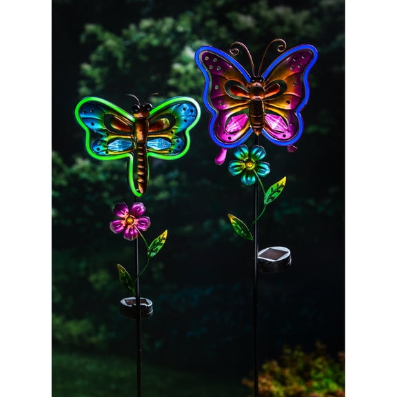 36"H Solar Neon Color Lights Garden Stake, Dragonfly and Butterfly, 2 Asst